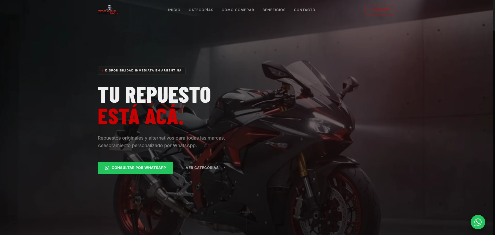 Taka Motos: portada con llamado a consultar por WhatsApp