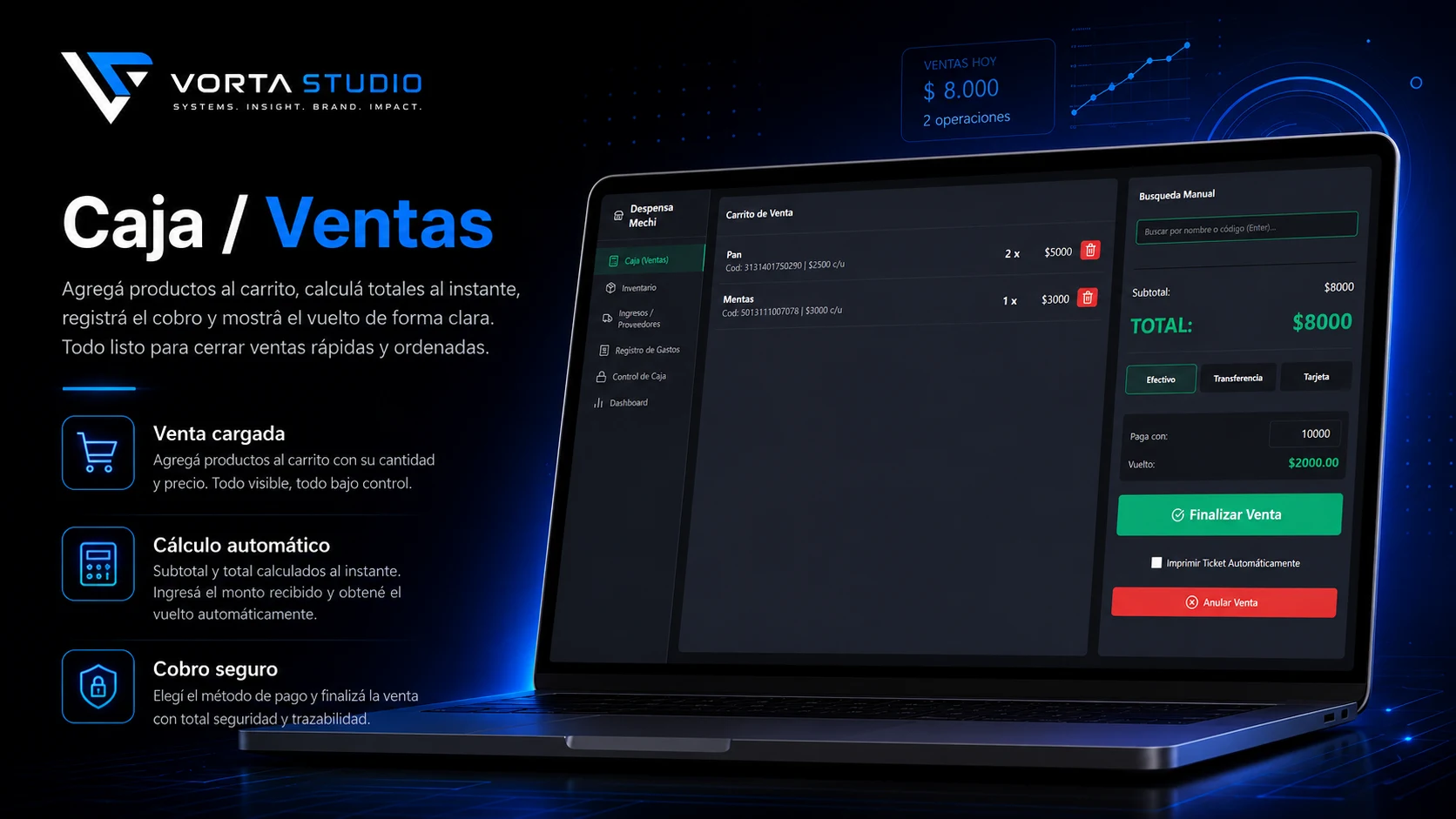 Pantalla de caja del sistema para kioscos: carrito, total y vuelto calculado
